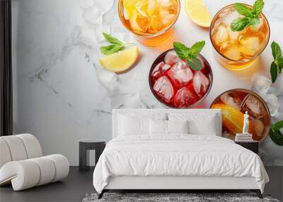 Glasses of delicious iced tea on marble table, top view. Space for text Wall mural