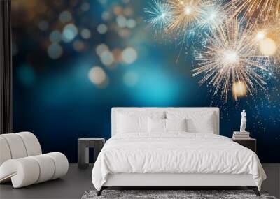 Gold and blue Fireworks and bokeh in New Year eve and copy space. Abstract background holiday Wall mural