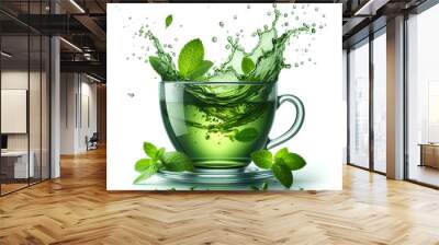 green tea transparent cup with mint tea splash isolated on white background Wall mural