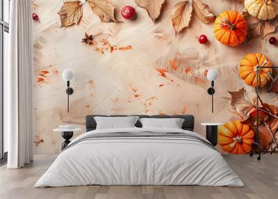 Happy Thanksgiving concept. Autumn composition with ripe orange pumpkins, fallen leaves, dry flowers on rustic wooden table. Flat lay, top view, copy space Wall mural