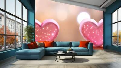 hearts on a table in front of a bokeh effect background banner for valentine day holiday card Wall mural