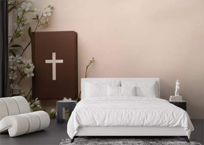 Holy Bible, cross and flowers on light background with space for text Wall mural