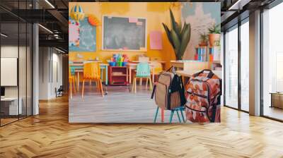 Interior of stylish empty classroom with backpacks and stationer Wall mural