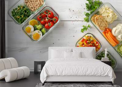 Lunch box with healthy food on white wooden table, flat lay. Space for text Wall mural