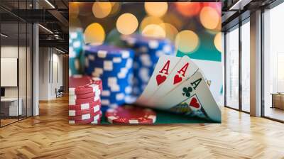 Luxurious casino night with poker cards and chips in michigan, featuring colorful poker chips in a glamorous setting Wall mural