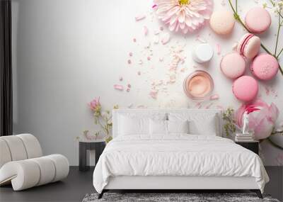 Makeup cosmetic with macaroons and beautiful flowers on white background Wall mural