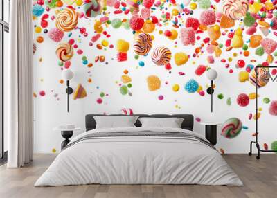 Many flying candies on white background Wall mural