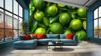 Many fresh limes with green leaves as background, top view Wall mural