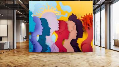 men and women crowd portrait in profile silhouette isolated in paper cut style Wall mural