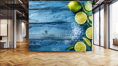 Mexican Tequila shots, lime slices and salt on blue wooden table Wall mural