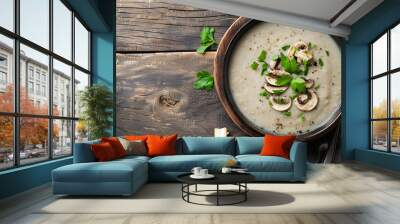 Mushroom cream soup. Vegan food. Dietary menu. Top view. Flat lay. Wall mural