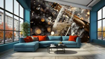 New Years Eve celebration with champagne and shiny bokeh golden background Wall mural