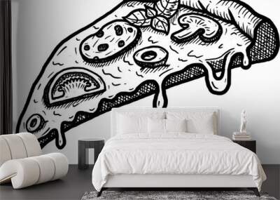 Transparent cartoon pizza illustration. Hand draw black and white line art graphic italian pizza slice clip art element. Wall mural