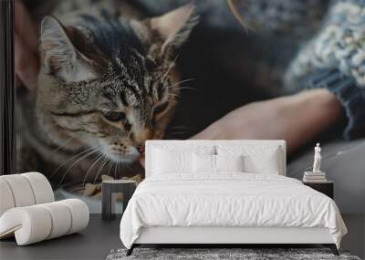 Owner feeding cute cat at home Wall mural