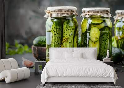 Pickled cucumbers in jars on grey table Wall mural