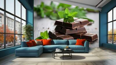 Pieces of dark chocolate with mint on white wooden table for food dessert design Wall mural