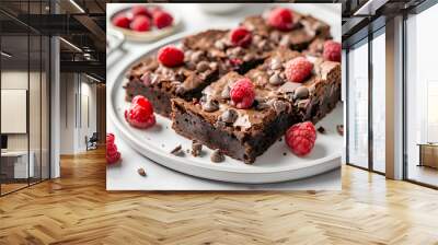 Plate with pieces of raspberry chocolate brownie on white tile background Wall mural