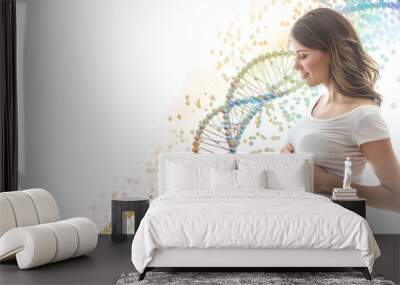 Pregnant woman and illustration of DNA structure on white background, closeup Wall mural