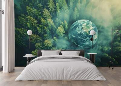 Save the planet. Aerial view of coniferous forest and planet Earth, double exposure Wall mural