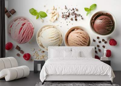 Scoops of different ice creams and ingredients on white background Wall mural