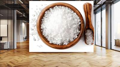 Sea salt in wooden bowl isolated on white background closeup top view Wall mural