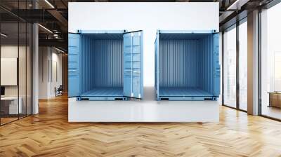 set of open and closed blue metal cargo containers, shown from front and side views Wall mural