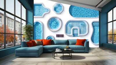 Set with swimming pools of different shapes on white background, top view. Banner design Wall mural