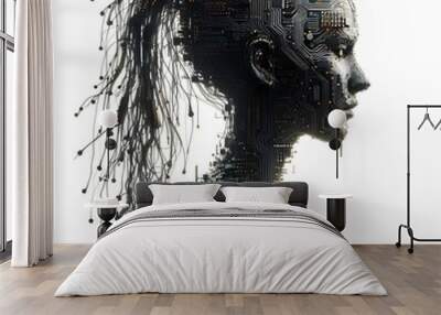 silhouette of woman made of wires and electronic circuit boards isolated on white background Wall mural