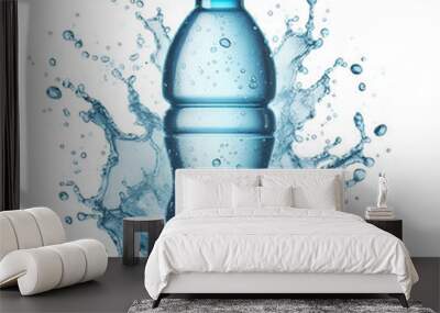 Small plastic water bottle with blue water splash isolated on white background Wall mural