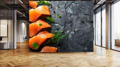 smoked salmon slices on dark stone table Wall mural