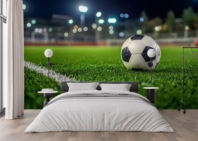 soccer ball on the green field in soccer stadium Wall mural