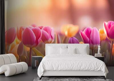 spring beautiful tulip flowers on blurred nature background banner for Woman day holiday card Wall mural