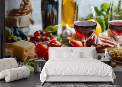 Still life with various types of Italian food and wine on white table Wall mural