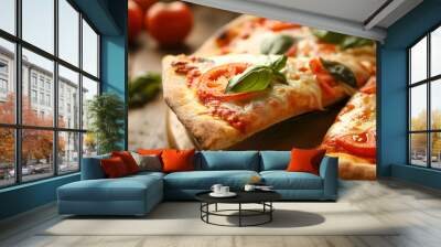 Taking piece of tasty pizza at wooden table, closeup Wall mural