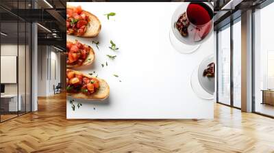 Tasty bruschetta served with wine on white background Wall mural