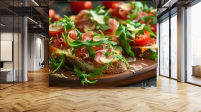 Tasty bruschetta with prosciutto, arugula, cheese and tomato on wooden board Wall mural