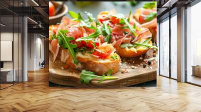 Tasty bruschetta with prosciutto, arugula, cheese and tomato on wooden board Wall mural