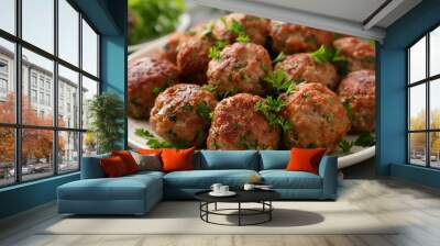 Tasty cooked meatballs with parsley on table, closeup Wall mural