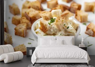 Tasty croutons with cream cheese on white background Wall mural