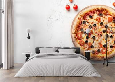 Tasty Pizza isolated on white, top view Wall mural