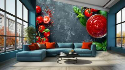 Tomato paste, sauce, ketchup and cherry tomatoes on branches and basil, top view Wall mural