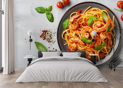 Top view tasty homemade italian prawn and shrimp linguine pasta dish on a plate Wall mural