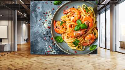 Top view tasty homemade italian prawn and shrimp linguine pasta dish on a plate Wall mural