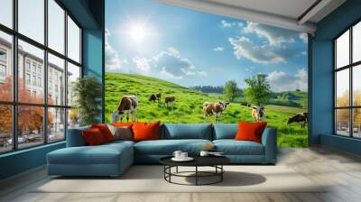 view of nice green hill with cows on blue sky background, summer day Wall mural