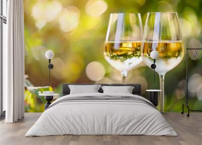 View of two full wineglasses with white wine on blur bikeh nature background, summer day Wall mural