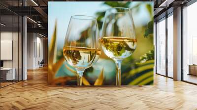 View of two full wineglasses with white wine on blur bikeh nature background, summer day Wall mural