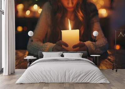 Woman praying at table with burning candle and Bible, closeup Wall mural