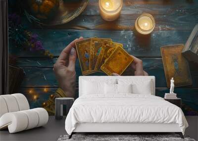 Woman using tarot cards at table, top view. Astrological predictions Wall mural