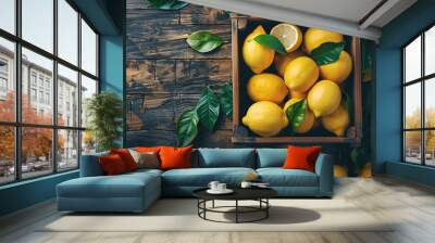 wooden box of fresh lemons with leaves on a wooden background, top view Wall mural