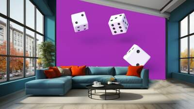 Board games. Addiction to gambling. Casino games. Random winnings. Jackpot. Leisure entertainment for the whole family. Dropping dice cubes on violet background. 3d render Wall mural